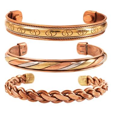 Imagem de INDTRESOR Pulseira magnética de cobre estilo tibetano. Forjada à mão com cobre puro inspirado em trança Yin Yang sólida e de alto calibre. Conjunto de 3 designs diferentes em 3 metais.