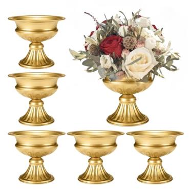 Imagem de Vasos dourados para centros de mesa, vasos de compota de flores de 16,38 cm para mesa, vaso de trompete para decoração de festa de casamento, vaso de pedestal de urna, conjunto de 6