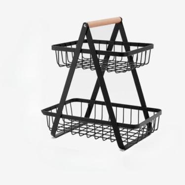 Imagem de Cesta De Frutas De Mesa Média Com 33 Cm De Altura E 2 Camadas De Organizador Multiuso Com Fio(Menor-Preto//27 x 33cm)