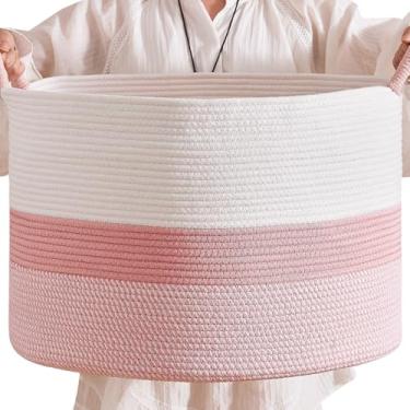 Imagem de CLHMILY&Z Cesta redonda de armazenamento de corda de algodão – 55 x 35 cm – linda caixa de berçário, organizador de brinquedos para bebês, organizador rosa para decoração de casa, solução multiuso