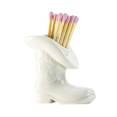 Imagem de Pexguka Porta-Fósforos Decorativo Para Botas De Cowboy Com Batedor - Cowgirl Cerâmica, Decoração Estética Casa Estilo Western Costeiro, Caixas Fósforos Banheiro Rosa, Quarto, Branco Brilhante