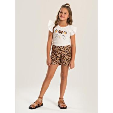 Imagem de Conjunto Verão Menina Natural Blusa com Laço e Shorts Oncinha - Moleka