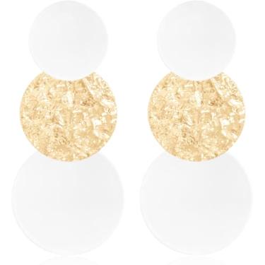 Imagem de Brincos pendentes longos de liga redonda feitos à mão - Brincos de disco redondo vintage dos anos 60, 70 e 80 anos 80 - Brinco feminino boho leve de verão para praia, Large, Metal, Sem pedra preciosa