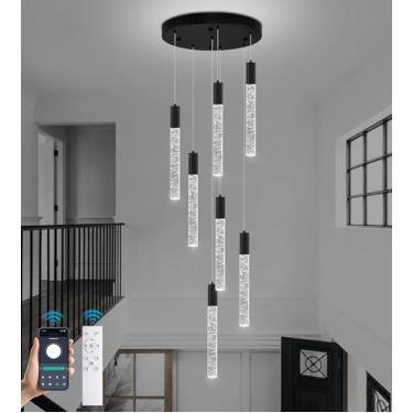 Imagem de Upfelw Lustre De Cristal Moderno De Teto Alto Com 7 Luzes, Grande Espiral Led Gota De Chuva Pendente Para Hall De Entrada, Escada Bolha Para Sala De Estar, Luminária Suspensa, Montagem Embutida, Pr