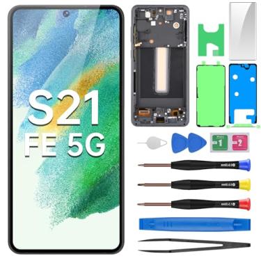 Imagem de BESJMYT Para Samsung Galaxy S21 FE 5G tela AMOLED substituição OLED digitalizador touch montagem completa com moldura de grafite e botão lateral kit de ferramentas de reparo de vidro SM-G990U