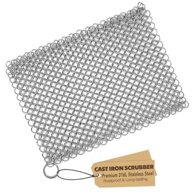Imagem de TOPULORS Limpador de ferro fundido em aço inoxidável raspador de ferro fundido 316 esfregador de corrente para panelas de ferro fundido, frigideiras pré-temperadas, frigideiras, churrasqueiras e mais utensílios de cozinha - 18 x 19 cm