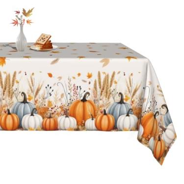 Imagem de KORVITA Toalha de mesa retangular de outono, 152 x 213 cm, colheita de outono, abóbora, orelhas de trigo, toalha de mesa lavável de microfibra, toalha de mesa decorativa, reunião de família para festa