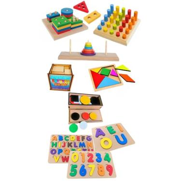 Imagem de Kit 6 TORRE DE HANÓI + PINOS DE ENCAIXE + TANGRAM + GEOMÉTRICAS + ENCAIXE SE CAPAZ + TESTE TOKEN + 3 TABULEIROS