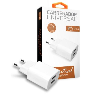 Imagem de Carregador de parede Universal - 2 Saídas USB - Bivolt - 2.1A - Branco - Geonav Essential ESACW2