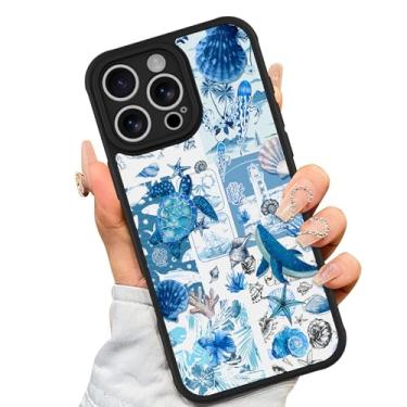 Imagem de AIGOMARA Capa para iPhone 16 Pro Max [compatível com MagSafe] design padrão de colagem de tartaruga azul concha oceano para mulheres meninas homens TPU macio hack PC traseira à prova de choque capa