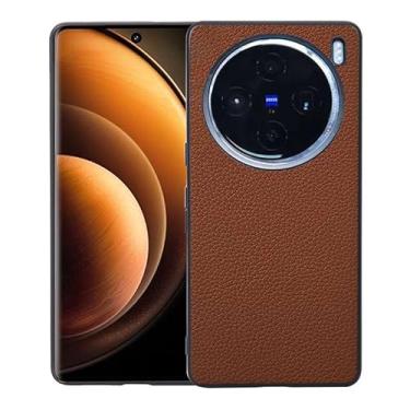 Imagem de Capas Compatível com VIVO X100,Design de grão levantado de superfície,Proteção contra queda,Anti impressão digital,Anti arranhões,Aparência de couro de imitação de plástico macio-Brown