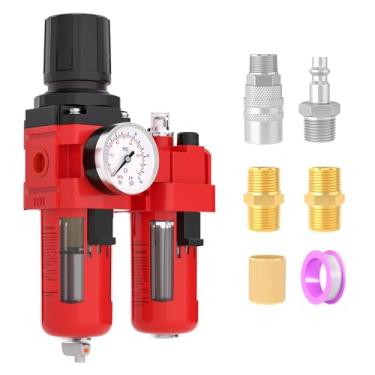 Imagem de MEANLIN Filtro De Umidade Para Compressor Ar, Linha Ac4010-06M, Entrada 3/4" Npt Com Manômetro 150 Psi Ferramentas E Pistola Pintura Spray, Drenagem Manual