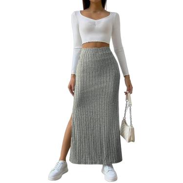 Imagem de Saia Longa Feminina Saias Midi Cintura Alta Stretch Malha Canelada Fenda Hem Midi Saia Lápis, Light Gray, 3XL