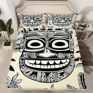 Imagem de Erosebridal Jogo de lençol casal com tema tropical havaiano com totem tribal exótico, para crianças, meninos, meninas, adolescentes, lençol com elástico para crianças, meninos, meninas, adolescentes,