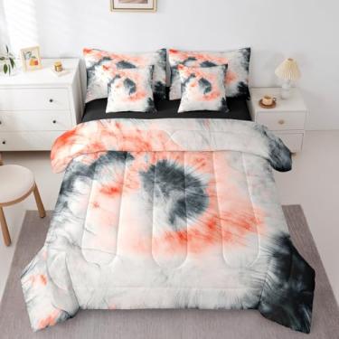 Imagem de Erosebridal Conjunto de cama solteiro tie dye laranja preto com 7 peças, arte em aquarela em uma bolsa, conjunto de cama abstrata inclui edredom, conjunto de lençol, fronhas e fronhas para todas as