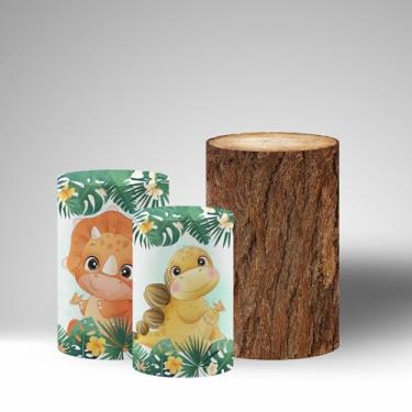 Imagem de NIVIUS PHOTO Capas de pedestal cilíndrica de dinossauro com desenho animado, conjunto de 3, elastano elástico, adereços de decoração de festa de aniversário para chá de bebê (dinossauro, 3GG + G)