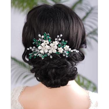 Imagem de Pente de cabelo Kercisbeauty Emerald Crystal Vintage Wedding Green