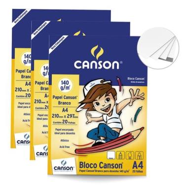 Imagem de Kit 3 Blocos Canson A4 20 folhas cada Gramatura 140g Branco Ideal para