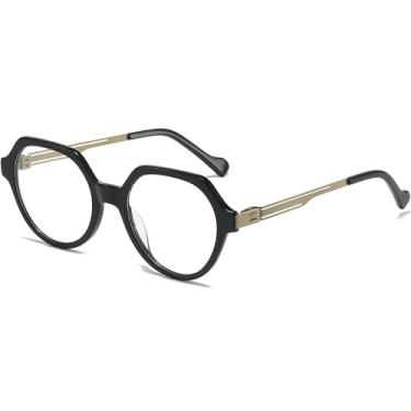 Imagem de UNIEOWFA Armação retrô redonda de acetato para homens e mulheres vintage óculos ópticos armação transparente grossa, Fg1623-preto, 50mm