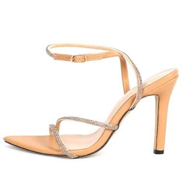 Imagem de FIFILAPIN Sandálias femininas stiletto com tira de strass com fivela no tornozelo, bico fino, bico aberto, antiderrapante, sandálias formais de salto alto para festa, noite, casamento, Apricota, 36