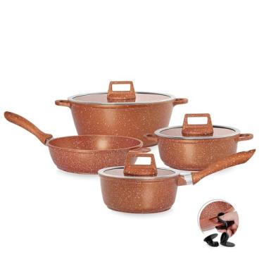 Imagem de MODA DO CHEF Jogo de Panelas Antiaderrnte 4 Peças Graniflon Laranja com Frigideira Caçarolas e Panela Antiaderente Premium, tampa de vidro Leve Fácil de Limpar Ideal para o Dia a Dia