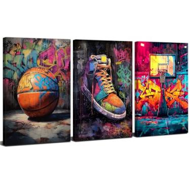Imagem de Arte de parede em tela grafite de basquete abstrato Banksy esportes decoração de parede para quarto de meninos adolescentes rua pop art tênis quadra de basquete pôsteres impressões arte homem quarto
