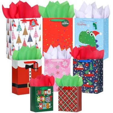 Imagem de BULKYTREE Pacote com 8 sacos de presente de Natal em tamanhos variados com papel de seda (3 grandes, 3 médios, 2 pequenos) - Sacos de presente de Natal a granel para embrulho de presentes de Natal