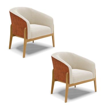 Imagem de Poltrona Decorativa Base Madeira Kit 2 Stella PU Nozes/Bouclê Bege D03 - D'Rossi