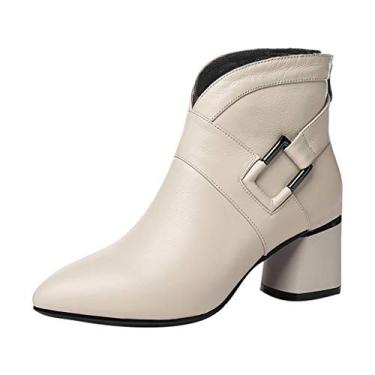 Imagem de Bigfanshu Botas femininas com fivela no calcanhar moda zíper cor metal decoração sapatos quadrados botas de festa, Bege, 39 M EU