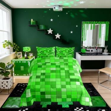 Imagem de Jogo de cama infantil de grade geométrica, tamanho Queen, conjunto de edredom quadrado de patchwork, edredom de videogame gradiente, edredom verde para quarto, 2 fronhas