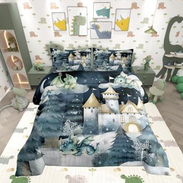 Imagem de Conjunto de cama casal de dragão, desenho animado de castelo de vida selvagem, decoração de quarto de meninos e homens, conjunto de colcha de 3 peças, enchimento de edredom tingido com gravata, 2