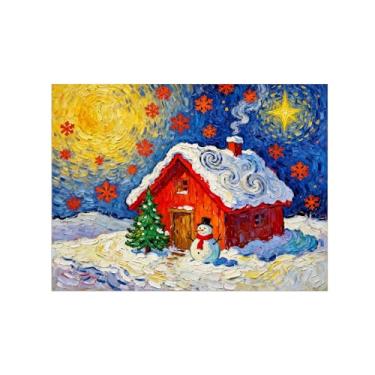 Imagem de Pinturas em tela Natal-Quadros Decoração de Parede-Boneco neve cabana flocos neve vermelhos-Inverno Paisagens Impressões para Sala de Estar 60x80cm Sem Moldura