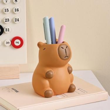 Imagem de Tuioyoc Porta-canetas para mesa, capivara de cerâmica, suporte de lápis fofo, suporte de pincel de maquiagem, organizador de mesa, copo de caneta para escritório, decoração de casa