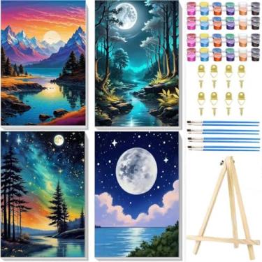 Imagem de Pacote com 4 tintas por números para adultos com tela emoldurada - com cavalete de madeira, pintura de praia por número em tela, kits de pintura a óleo acrílica de paisagem da lua DIY com pincéis para