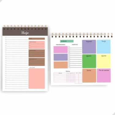 Imagem de Kit com Planner Semanal e Planner Diário 50 Folhas cada, Organizador Não Datado de Tarefas e Rotina com Espiral | Produtividade para Escritório, Estudos e home office | Capa Transparente De Acetato (Colorido + Diário Marron)