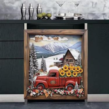 Imagem de Capa de ímã de lava-louças de girassóis vermelhos de caminhão, painel de capa de fazenda com neve, adesivo magnético de vinil de geladeira para decalque de decoração de cozinha, 58 cm L x 66 cm A