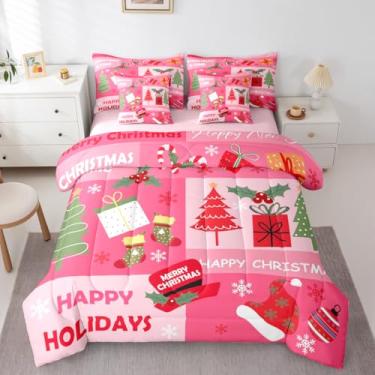 Imagem de Feelyou Jogo de cama de casal com 7 peças, decoração de Natal rosa, para crianças, meninos, meninas, decoração de quarto com floco de neve, microfibra leve e macia
