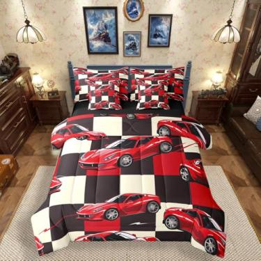 Imagem de Erosebridal Conjunto de cama solteiro de carro de corrida vermelho, 7 peças, para meninos, velocidade legal, para crianças, jovens, homens, adolescentes, conjunto de cama para esportes radicais