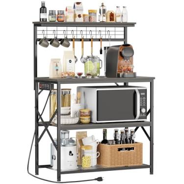 Imagem de Furologee Rack para padeiros de cozinha com tomada, suporte de café com armazenamento de 4 camadas, estação de café com mesa de 70 cm maior e 8 ganchos S, suporte de micro-ondas de cozinha para