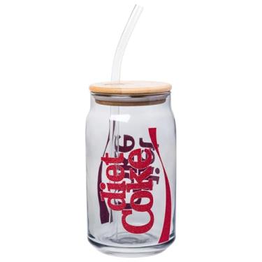 Imagem de Silver Buffalo Coca-Cola Diet Coke Glitter Copo de vidro com tampa de bambu e canudo de plástico, 473 ml