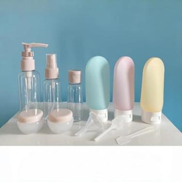 Imagem de Conjunto de 11 frascos de cosméticos de viagem, recipientes recarregáveis multifuncionais para artigos de higiene pessoal, tamanhos e cores variados com spray de bomba e frascos de creme, Frasco rosa