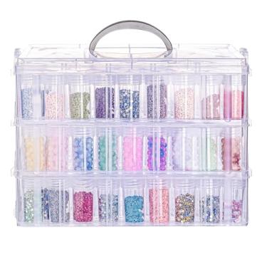 Imagem de MERATIA Recipiente de armazenamento Diamond Art, organizador de 3 camadas com 60 compartimentos, estojo de plástico transparente com alça para contas e materiais de pintura (transparente - 3 camadas)