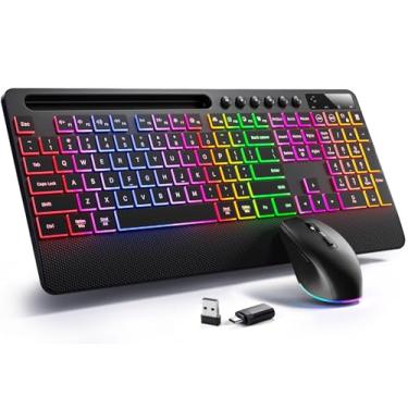 Imagem de Hamile Combo de teclado e mouse sem fio: efeitos retroiluminados RGB, teclado ergonômico silencioso de tamanho completo, descanso de pulso, recarregável de 2,4 G com suporte de telefone compatível com
