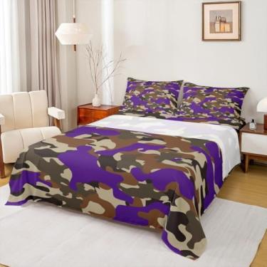 Imagem de Jogo de lençol com elástico marrom roxo e verde com 2 fronhas, camuflagem militar camuflada para adolescentes, lençol de cima de microfibra luxuosa, tamanho Queen
