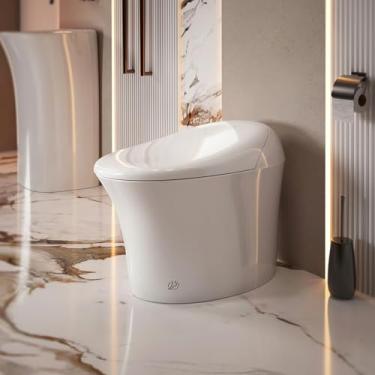 Imagem de Vaso sanitário branco artístico inteligente com descarga potente, altura confortável, água quente instantânea e secadora, controle remoto, sensor de pé, descarga automática, assento aquecido, luz