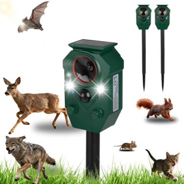 Imagem de Pacote com 2 repelentes solares ultrassônicos de animais ao ar livre – Dissuasor ativado por sensor de movimento para gatos e cães, à prova d'água IP65, luzes estroboscópicas e som, repelente de
