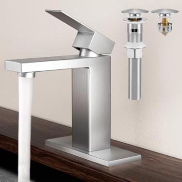 Imagem de KES Torneiras de pia de banheiro com ralo (com transbordamento), torneiras de banheiro para pia 1 furo ou 3 furos, torneira de penteadeira, aço inoxidável 18/8 escovado, L3156ALFF12-BS-C1-PL