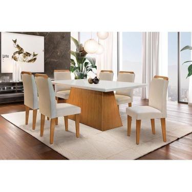 Imagem de Mesa Sala Jantar C/ Tampo Madeirado C/ Vidro Canto Reto 180cm 6 Cadeiras Athenas Capuccino/veludo