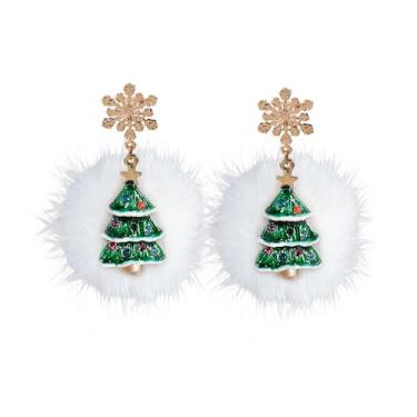 Imagem de Brincos femininos com pompom de árvore de Natal com pingente de floco de neve fofo dourado verde esmaltado para decoração festiva de Natal, joias modernas