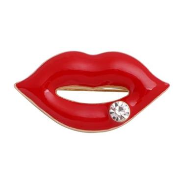 Imagem de Dreuyet Broche de lábios vermelhos sexy para mulheres strass cristal gestos silenciosos broches elegantes beijo boca lapela alfinetes roupas acessórios vestido joias presente amante, Middle, Liga de